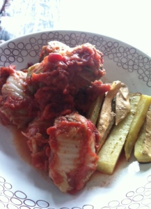 stuffed cabbage served with roasted sweet potatoes